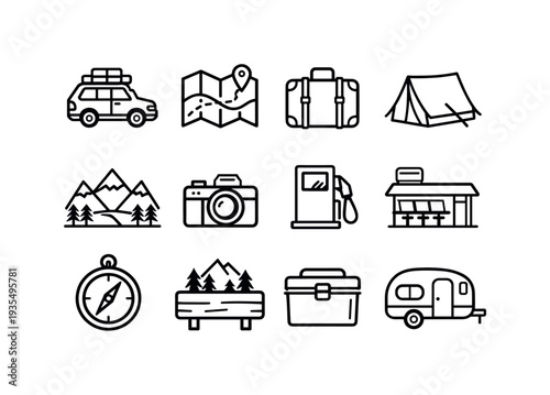 Travel and lifestyle outline icon collection including luggage, book, coffee and camping gear