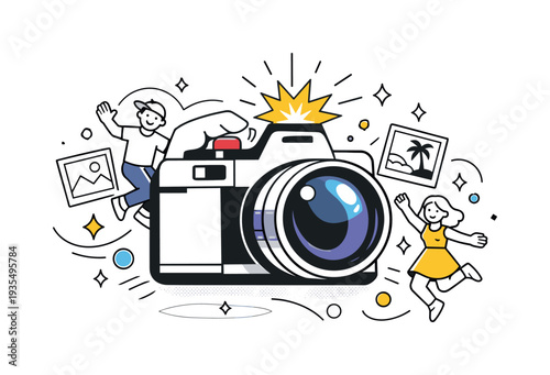 Creative photography illustration with camera, flash and decorative design elements representing modern visual storytelling