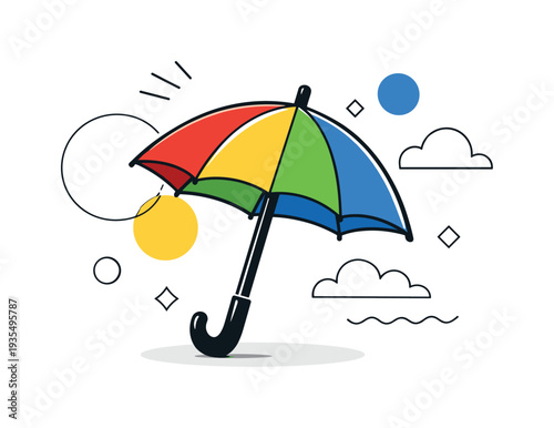 Spring fashion accessory. A stylish umbrella leaning slightly with bold color panels and smooth rounded handle