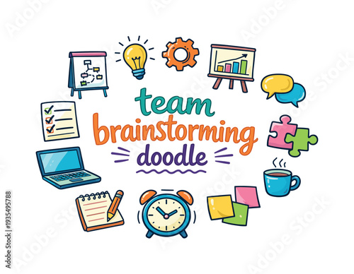 team brainstorming doodle. Hand drawn illustration of team brainstorming doodle. whiteboard, light bulb, gear,