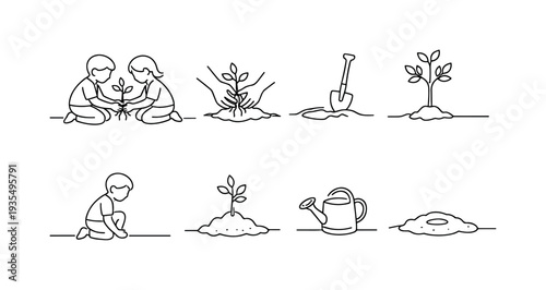 "Children Planting a Tree Together". Minimalistic set one-line drawing two children holding small tree sapling