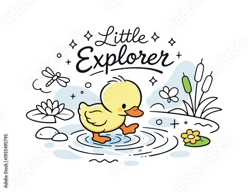 Little Duckling Explorer. Spring pond adventure. A small duckling stepping carefully into shallow water, soft