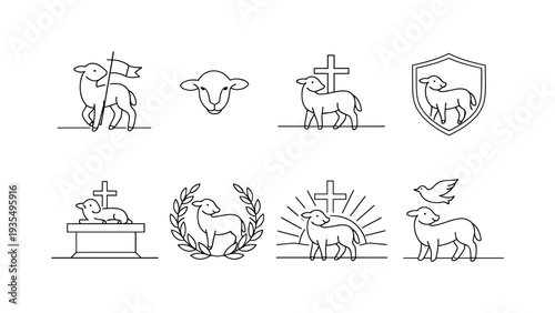 "Paschal Lamb Set". Minimalistic set one-line drawing standing lamb with banner, small lamb head icon, cross