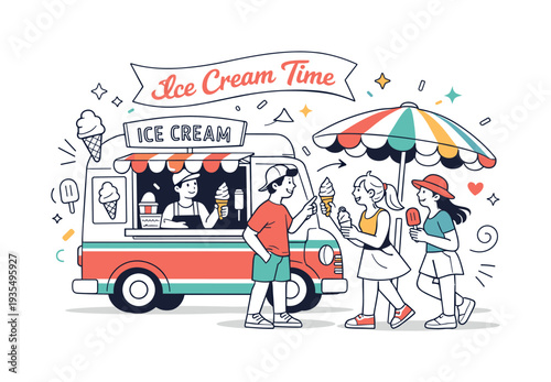 Summer Treats on Wheels. A retro-style ice cream van with an open service window, friends choosing popsicles