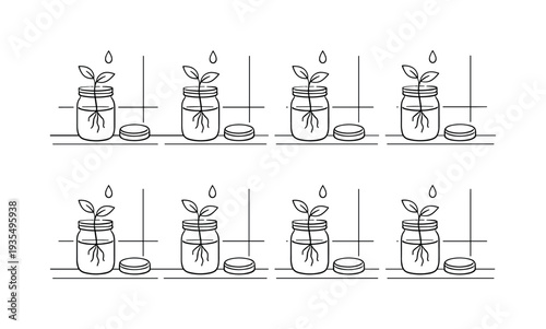 "Recycled Jar Herb Starters". Minimalistic set one-line drawing mason jar with plant cutting, windowsill ledge