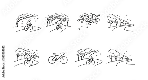 Minimalist Sakura Cyclist. "Cherry Blossom Bike Trail". Minimalistic set one-line drawing cyclist silhouette