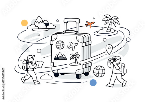 Adventure Luggage Concept. Adventure luggage concept. A sturdy suitcase decorated with travel stickers, small