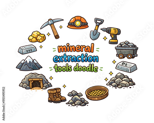 mineral extraction tools doodle. Hand drawn illustration of mineral extraction tools doodle. pickaxe, shovel,