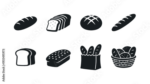 Bakery and bread silhouette icon collection featuring croissant, loaf and pastry elements