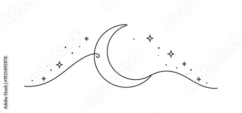 Minimal crescent moon with stars outline illustration.