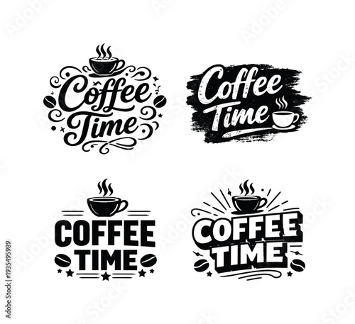 Coffee Time. Set lettering. 4 harmonious lettering variations of the same emblematic concept, each with