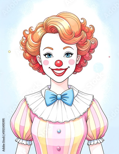 A cheerful clown with curly orange hair, red nose, and blue bow tie