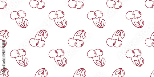 Hand drawn ripe cherry berries seamless pattern. White background with red cherry silhouette, doodle sketch style. Healthy organic food print. Continuous fill for packaging, paper, textiles, design.