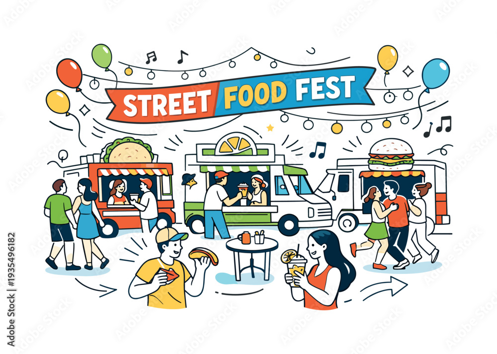 Fototapeta premium Food Truck Festival. A row of colorful food trucks parked in a sunny open space, people ordering tacos and