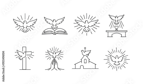 "Holy Spirit Light Set". Minimalistic set one-line drawing dove with extended wings and rays, descending dove