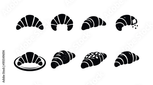 Croissant silhouette icon pattern collection featuring bakery themed pastry elements in black minimal style