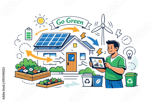 Sustainable Smart Home. A compact house with solar panels and a small wind turbine beside it, a homeowner