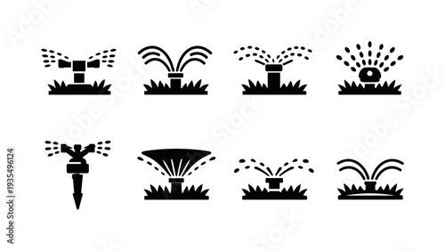Sprinkler watering lawn line art. Filled icon set of Sprinkler watering lawn line art: rotating lawn sprinkler