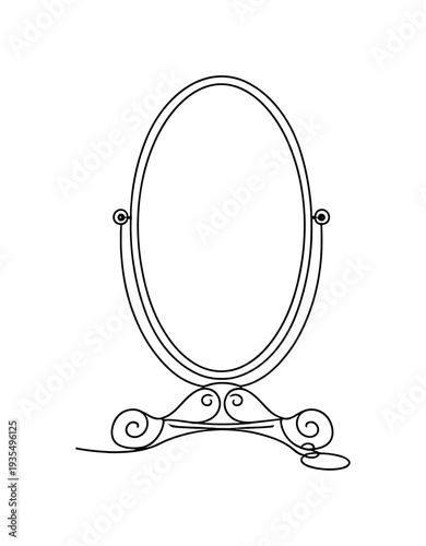 Minimalist Vanity Mirror. "Vintage Vanity Mirror". Minimalistic one-line drawing oval standing mirror with