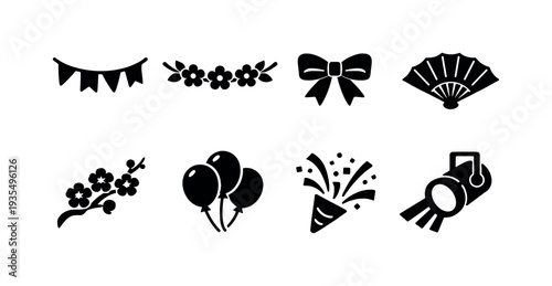Spring Festival Decor. Filled icon set of Spring Festival Decor: bunting flags, flower garland, ribbon bow,
