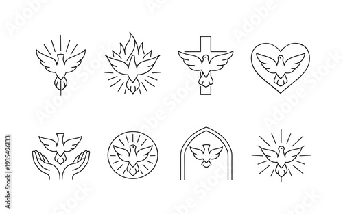 "Pentecost Dove Icons". Minimalistic set one-line drawing dove descending straight down, flame rays around