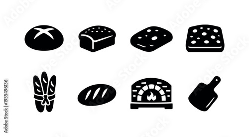 Artisan Bakery. Filled icon set of Artisan Bakery: sourdough loaf, rye bread loaf, ciabatta bread, focaccia