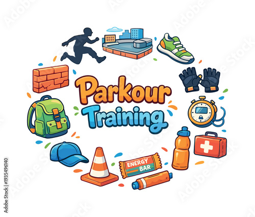 Parkour Essentials Circle. Parkour Training. Hand drawn illustration of Parkour Training. parkour jump