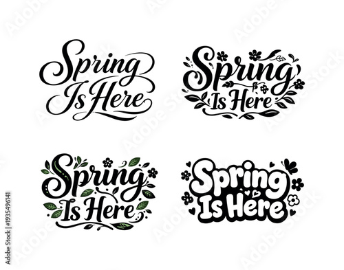 Spring Lettering Variations. Spring Is Here. Set lettering. 4 harmonious lettering variations of the same