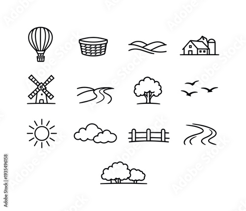 balloon over countryside engraving. Line outline icon set of balloon over countryside engraving: hot air