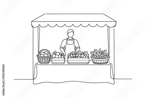 "Local Farm Booth". Minimalistic one-line drawing vendor standing behind table filled with fresh harvest
