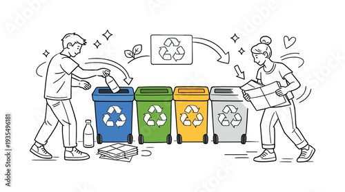 Recycling Station Organization. A minimalist indoor or outdoor recycling area with color-accented bins aligned