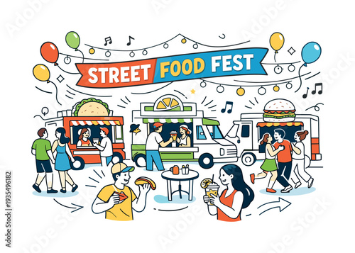 Food Truck Festival. A row of colorful food trucks parked in a sunny open space, people ordering tacos and