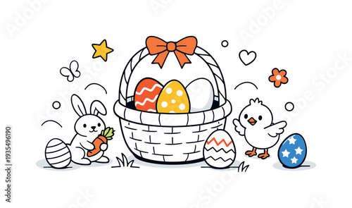 Minimal festive template. Centered egg hunt basket with neatly arranged decorative eggs, balanced symmetrical
