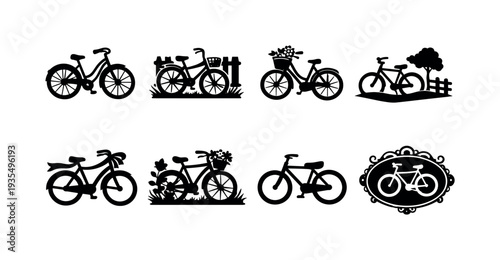 Rustic bicycle fence line art collection. Filled icon set of Rustic bicycle fence line art collection: old