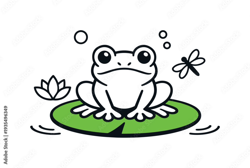 Obraz premium Minimal pond mascot design. Stylized geometric frog centered on a simple lily pad, clean symmetry and rounded