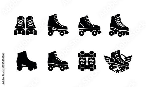 Roller skate silhouette icon collection featuring retro quad skates and sport elements