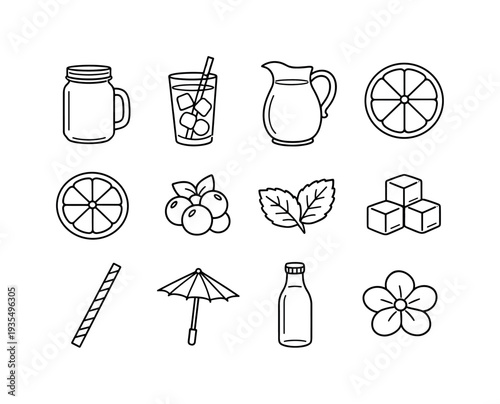 refreshing beverages contour drawing. Line outline icon set of refreshing beverages contour drawing: mason jar