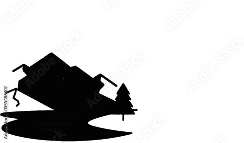 Minimalist black and white silhouette of a jagged mountain range beside a calm body of water and a solitary tree