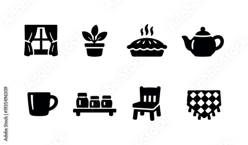 Cozy Kitchen Scene. Filled icon set of Cozy Kitchen Scene: window with curtains, potted plant, pie on table,