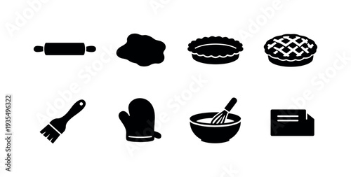 Homemade Pie Baking. Filled icon set of Homemade Pie Baking: rolling pin, dough sheet, pie crust in pan,
