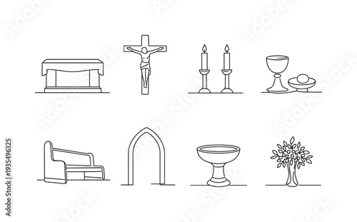 "Easter Sanctuary Icons". Minimalistic set one-line drawing altar frontal view, crucifix above altar, pair of
