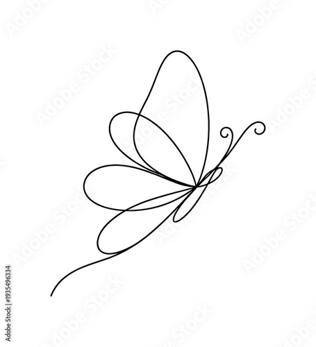 "Fluttering Butterfly". Minimalistic one-line drawing delicate butterfly with curved antennae and flowing wing