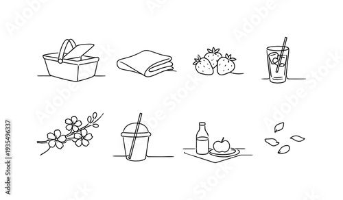 "Blooming Orchard Picnic". Minimalistic set one-line drawing picnic basket with lid open, folded blanket