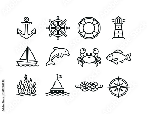 Nautical and marine themed outline icon collection featuring anchor, ship wheel and sea life symbols