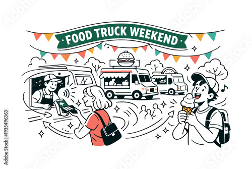 Gourmet Food Fest. Outdoor Gourmet Market. Multiple food vans lined up in a park setting, one person paying