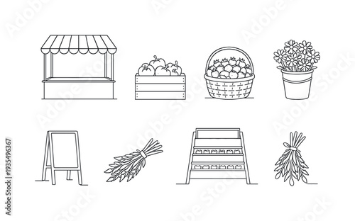 Farmers market decorative divider collection with produce baskets, awning and rural lifestyle accents