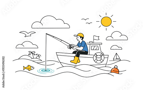 Fishing boat scene. A compact boat with a simple fishing rod extended over the water, small ripple circles