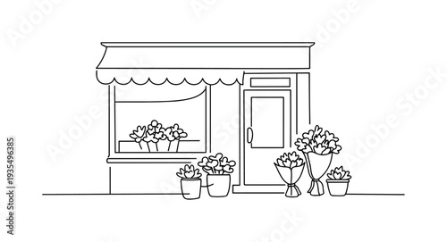 Minimalist Flower Shop. y "Flower Shop". Minimalistic one-line drawing small storefront flower shop with