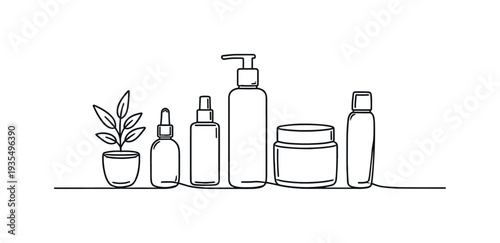 "Minimal Beauty Shelf". Minimalistic one-line drawing simple shelf with assorted skincare bottles and small