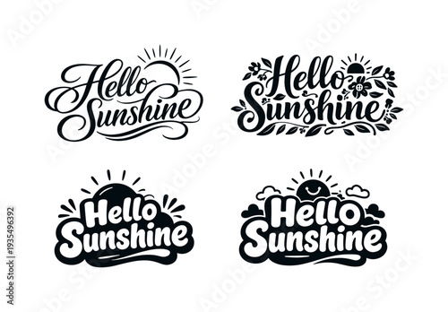 Hello Sunshine. Set lettering. 4 harmonious lettering variations of the same emblematic concept, each with